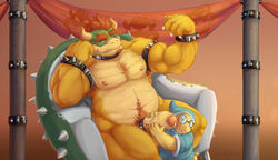 accessory bodily_fluids bowser chair cock_ring cum cum_on_face duo eyewear furniture galrock gay genital_fluids glasses handjob hi_res humanoid_penis jewelry kamek koopa male male/male male_only mario_(series) muscular nintendo nipples penile penis penis_accessory penis_jewelry scalie sex size_difference super_mario_bros. throne video_games