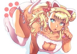 1girls :o all_fours animal_ears aqua_eyes bangs bare_shoulders bell_collar big_breasts blonde_hair breasts cat_cutout cat_ears cat_lingerie cat_tail cleavage cleavage_cutout clothing collar collarbone curvy earrings erect_nipples erect_nipples_under_clothes eyebrows_visible_through_hair eyelashes fangs female female_focus female_only fringe galko gyaru hair_bun hair_ornament hairband jewelry large_breasts legwear long_hair looking_to_the_side nail_polish nipple_bulge nipples_visible_through_clothing nuezou open_mouth oshiete!_galko-chan panties paw_pose pink_nails ponytail revealing_clothes scrunchie shiny_skin side-tie_panties simple_background skimpy skindentation solo solo_female source_request stockings tail tan thick_thighs thighhighs thighs tied_hair tongue underwear voluptuous wavy_hair white_background white_legwear white_panties