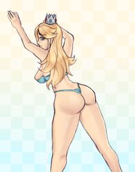 1girls ass backboob blonde_hair blue_background blue_bra blue_eyes blue_panties bra breasts clothed crown female g-string gradient_background legs long_hair looking_at_viewer looking_back mario_(series) nintendo overflowing_breasts panties princess princess_rosalina serpc simple_background soft_color solo standing string_panties super_mario_galaxy thong underwear underwear_only