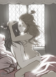 1boy 1boy1girl 1girls ass ass_grab avatar_the_last_airbender backlit bed bedroom black_hair breasts chest closed_eyes cowgirl_position dark-skinned_female dark_skin female female_on_top greyscale hips hugging imminent_kiss interracial intimate katara legs light-skinned_male light_skin long_hair making_out male male/female matereya naked nipples nude nude_female nude_male on_lap royalty side_view sideboob small_breasts softcore tasteful_nudity waist watermark zuko zutara