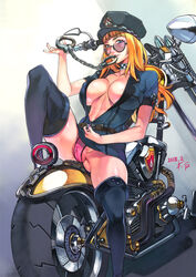 2018 abs aviator_sunglasses belt blonde_hair blue_eyes boots breasts cameltoe choker collarbone cuffs dated erect_nipples f.s. female glasses ground_vehicle handcuffs highres large_breasts long_hair looking_over_eyewear looking_over_glasses motor_vehicle motorcycle mouth_hold navel no_bra original police police_uniform policewoman sitting solo spread_legs sunglasses thigh_boots thighhighs thighs tinted_eyewear undressing uniform unzipped unzipping