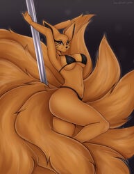 9_tails absurd_res anthro anthro_only bikini breasts canid canine clothed clothing dancing female female_kurama_(naruto) fox fur furry furry_only hi_res hierophant_green_(artist) invalid_tag kurama kyubi mammal multi_tail naruto pole red_eyes rule_63 solo striptease swimwear tail thick_thighs