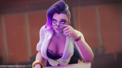 1girls 3d blender breasts effectsmaster231 female glasses looking_at_viewer overwatch purple_eyes purple_hair solo sombra teacher