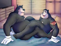 2017 4:3 anthro ass belly black_body black_fur closed_eyes dirty-palms disney duo felid feline fur gay goof_troop humanoid_hands male male/male male_only mammal moobs nipples overweight overweight_male peter_pete_sr. pj_(goof_troop) sitting yaoi