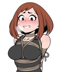 black_tank_top blush bondage breasts brown_hair femsub jam-orbital looking_at_viewer my_hero_academia ochako_uraraka rope rope_bondage suggestive tied_up