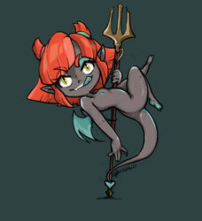 anthro demon_girl female gray_body hmeme playful red_hair succubus trident