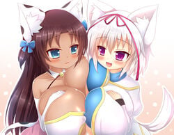 2girls :3 animal_print areola_slip areolae bare_shoulders bell bell_collar blue_bow blue_clothes blue_collar blue_eyes blush borrowed_character bow breast_focus breast_press breast_squeeze breasts brown_hair cat_girl collar commission commissioner_insert commissioner_upload cow_print cute_fang dark_skin dress elbow_gloves erect_nipples female_focus fox_girl gloves hair_ornament hair_ribbon hairbow halterneck hands_on_breasts huge_breasts kane-neko long_hair long_sleeves looking_at_another multiple_girls naomi_minette nico_(zettai_saikyou_oppai_sensou) nipples non-canon open_mouth original original_character pink_clothes pink_dress pink_ribbon purple_eyes ribbon shiny shiny_hair shiny_skin short_hair shortstack sideboob smile softhouse-seal softhouse-seal_grandee symmetrical_docking tail taut_clothes tight two_side_up upper_body wavy_mouth white_clothes white_gloves white_hair wing_collar wolf_girl zettai_saikyou_oppai_sensou!!_kyonyuu_oukoku_vs_hinnyuu_oukoku