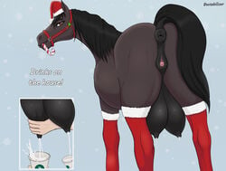 1animal 1girls 2019 absurd_res anatomically_correct anatomically_correct_pussy animal_genitalia animal_pussy anus big_breasts bodily_fluids brown_eyes candy candy_cane christmas clitoral_winking clitoris clothed clothing crotchboobs destabilizer dock equid equine equine_anus equine_pussy excessive_lactation female female_feral feral food halter hat headgear headwear hi_res holidays horse huge_crotchboobs lactating lactation large_breasts mammal mare milk milking mostly_nude puffy_anus pussy santa_hat simple_background solo standing