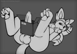 1boy 2019 4_toes animal_genitalia animal_penis bodily_fluids canine christmas dick_in_a_box eeveelution erection feral furry genital_fluids hi_res holidays looking_at_viewer lying male male_only mammal monochrome nintendo on_back patreon pawpads paws penis pokémon_(species) pokemon pokemon_xy precum presenting presenting_penis smile spread_legs spreading sylveon testicles toes video_games visionaryserpent