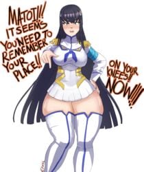 1girls big_breasts black_hair blue_eyes blush civildreams female femdom huge_breasts junketsu kill_la_kill kiryuuin_satsuki long_hair miniskirt pale-skinned_female pale_skin solo text thick_thighs voluptuous watermark white_background wide_hips