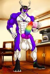 2019 4_toes 5_fingers abs animal_genitalia animal_penis anthro antlers balls biceps big_balls big_penis black_hair black_nose canine_penis cervid coffee_cup fingerpads fingers gloves_(marking) grin hair hand_on_thigh hi_res holding_object horn huge_cock hungothenomster knot leg_markings looking_down male male_only mammal markings multicolored_body multicolored_hair multicolored_penis multicolored_skin muscular muscular_male muscular_thighs neck_tuft nipples nude pecs penis purple_body purple_skin rainbow_hair rainbow_penis red_eyes smile socks_(marking) solo sparkledog standing teeth thick_penis toes tuft two_tone_body two_tone_skin vein white_body white_skin