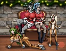 4girls amazon_pandora ball_gag christmas crotch_zipper femdom femsub garter_belt hoof_boots hoof_gloves hourglass_figure kid_icarus kid_icarus_uprising large_breasts latex leash medusa medusa_(kid_icarus) multiple_girls palutena re-maker reindeer_antlers reindeer_costume remaker santa_costume small_breasts viridi yuri