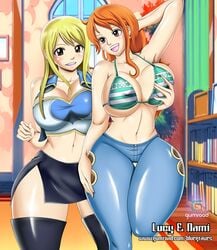 2girls big_breasts big_thighs bikini bikini_top blonde_hair bluegraves boots breast_grab breasts breasts_squeeze brown_eyes busty cleavage clothing collar crossover curvy fairy_tail female female_only fully_clothed grope groping huge_breasts huge_thighs jeans large_breasts legs lesbian long_hair lucy_heartfilia nami one_piece orange_hair post-timeskip shounen_jump skirt sleeveless smile thick thick_thighs thigh_gap thighhighs thighs thunder_thighs thunderthighs tight_pants tubetop voluptuous wide_hips yuri