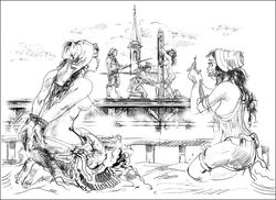 3girls bondage breasts clothed_male_nude_female female femsub kindinov kneeling monochrome multiple_females multiple_subs nipples public_nudity punishment rough_sketch whipping