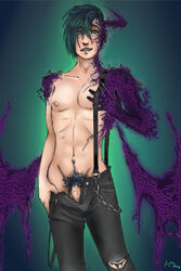 1boy bare_chest demon demon_boy enki fantasy green_eyes green_hair horn incubus male male_only pants pants_open pants_pulled_down penis penis_out solo solo_male