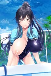 all_fours blush exposed_breast female high_ponytail homu_(seven_deadly_sins) idolmaster idolmaster_shiny_colors large_breasts one-piece_swimsuit one_breast_out ponytail shirase_sakuya solo swimsuit tagme wet yellow_eyes