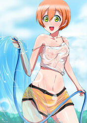 blush eyebrows_visible_through_hair female green_eyes hose hoshizora_rin jiseki love_live! love_live!_school_idol_project open_mouth orange_hair see-through short_hair shorts small_breasts smile solo source_request tank_top water wet wet_shirt