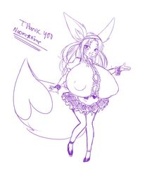 1girls 2019 anthro big_breasts big_nipples biped blush breasts cleavage clothed clothing cosplay crossover cute_fang eevee eevee_(cosplay) english_text erect_nipples feet female footwear full-length_portrait fully_clothed fur furry gochuumon_wa_usagi_desu_ka? hair heart heart_marking hi_res huge_breasts humanoid_feet humanoid_hands inner_ear_fluff kemono knock-kneed legwear lexustanuki long_hair looking_at_viewer maid_uniform monochrome naomi_minette nintendo nipple_outline nipples open_mouth original original_character pokémon_(species) pokemon pokemon_(cosplay) pokemon_(species) pokemon_rgby portrait puffy_nipples raised_tail shoes sketch skirt smile solo standing straining_buttons stretched_clothing text thighhighs tight_clothing tuft uniform video_games waitress wavy_mouth wrist_cuff