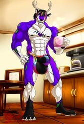 2019 4_toes 5_fingers abs anthro antlers biceps black_hair black_nose bulge cervid clothing coffee_cup fingerpads fingers gloves_(marking) grin hair hand_on_thigh hi_res holding_object horn hungothenomster jockstrap leg_markings looking_down male male_only mammal markings multicolored_body multicolored_hair multicolored_skin muscular muscular_male muscular_thighs neck_tuft nipples pecs purple_body purple_skin rainbow_hair red_eyes smile socks_(marking) solo sparkledog standing teeth tight_underwear toes tuft two_tone_body two_tone_skin underwear white_body white_skin