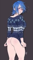 antiheld aqua_(kingdom_hearts) blue_hair blush bottomless christmas christmas_sweater dat_ass disney embarrassed kingdom_hearts kingdom_hearts_birth_by_sleep looking_at_viewer naked_shirt naked_sweater partially_clothed square_enix sweater tabletorgy