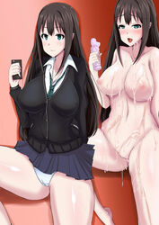 ambiguous_fluids blush cameltoe cellphone dildo erect_nipples eyebrows_visible_through_hair green_eyes idolmaster jiseki one_leg_raised open_mouth pantyshot shibuya_rin short_skirt smile