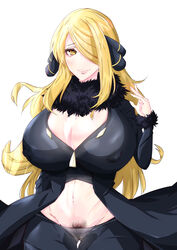 1girls abs alternate_breast_size alternate_eye_color blonde blonde_female blonde_hair blonde_hair_female clothed cynthia_(pokemon) huge_breasts human human_only kikikitama midriff nintendo pokemon pokemon_champion pokemon_dppt pubic_hair pussy see-through thick_thighs wide_hips yellow_eyes