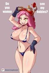 1girls 2019 ass big_breasts bikini breasts dialogue female gloves goggles goggles_on_head grey_background hand_on_hip long_hair lucyfercomic mei_hatsume my_hero_academia open_mouth pink_hair shounen_jump striped_bikini target-shaped_pupils text unusual_pupils white_skin yellow_eyes