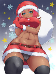 1girls agent_8_(splatoon) black_legwear black_panties black_thighhighs blue_eyes blush blushing breasts cameltoe cephalopod cephalopod_humanoid christmas christmas_outfit christmas_skirt clothing dark-skinned_female dark_skin female female_only gloves hat humanoid legwear looking_at_viewer marine marine_humanoid midriff miniskirt navel nintendo octoling panties pencil_skirt pengin_maru red_skirt santa_costume santa_hat shiny shiny_skin skirt smile solo solo_female splatoon splatoon_2 standing thick_thighs thighhighs thighs tight_skirt upskirt