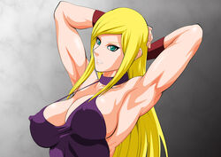 arms_up blonde_hair bonne_jenet breasts dress erect_nipples king_of_fighters large_breasts lime_(purple_haze) perky_breasts perky_nipples violet_dress