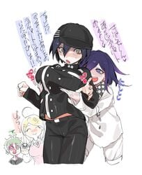 2boys 2girls akamatsu_kaede big_breasts blood breast_grab breasts clothed danganronpa danganronpa_v3 fondling gender_transformation hat ouma_kokichi pants rantaro_amami rule_63 saihara_shuuichi shirt straight_hair tired_eyes translation_request