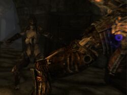 areolae bethesda_softworks bikini_armor black_hair dark_elf draugr dungeon dunmer female fighting game_screenshot grey_skin indoor large_breasts magic masked screencap short_hair skyrim the_elder_scrolls thong