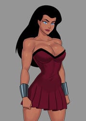 1girls biceps big_breasts black_hair blue_eyes bracers busty cleavage cocktail_dress dc dc_comics dcau diana_prince dress female female_only justice_league large_breasts long_hair minidress muscular_female red_dress red_lipstick solo sunsetriders7 wonder_woman wonder_woman_(series)