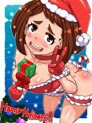 1girls between_breasts blush candy_cane christmas christmas_outfit cleavage female_only garter_belt kibazoku lingerie my_hero_academia ochako_uraraka present santa_hat shounen_jump smile solo solo_female suggestive