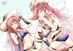 2girls ass atoatto bare_thighs boots chewing chewing_gum cordelia_(fire_emblem) cow_girl cowboy_boots cowboy_hat daughter detached_sleeves female female_only fire_emblem fire_emblem_awakening hat long_hair looking_at_viewer mother_and_daughter multiple_girls nintendo red_eyes red_hair severa_(fire_emblem) short_shorts shorts smile thighs tied_hair twintails