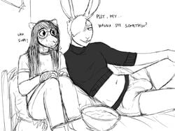 4:3 anthro bed black_and_white bulge clothed clothing dialogue didelphid duo english_text eyewear furniture glasses hair hair_over_eye hladilnik lagomorph leporid long_hair male mammal marsupial monochrome navel on_bed one_eye_obstructed penis_outline rabbit text