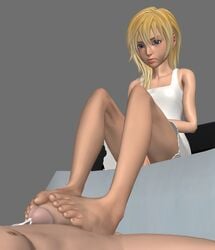 1boy 1girls 3d angry bare_shoulders barefoot blonde_hair blue_eyes clothed clothed_female_nude_male cum ejaculation feet female femdom footjob grey_background irritated kingdom_hearts light-skinned_female light_skin male male_pov namine pale-skinned_female pale_skin penis pov sitting skinny skinny_girl white_dress