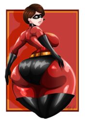 1girls ass big_ass bottom_heavy brown_eyes brown_hair curvaceous curvy disney domino_mask elastigirl eyemask female female_focus gloves helen_parr hips huge_ass looking_back mask matching_hair/eyes milf okioppai pixar short_hair sideboob smooth_skin solo solo_female solo_focus the_incredibles thick_thighs thighs thunder_thighs tight_suit wide_hips