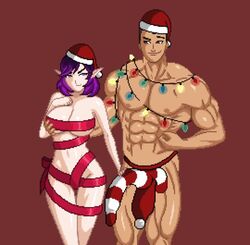 1boy 1girls 2d big_breasts big_penis breasts christmas cleavage elf female fernando_(paladins) gift_wrapped large_breasts male muscular muscular_male navel neophite-byte paladins pixel_art purple_eyes purple_hair santa_hat skye_(paladins) smile underboob