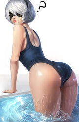 ? ass big_ass blindfold female female_only high_resolution highres limgae looking_back mole mole_under_mouth nier nier:_automata nier_(series) one-piece_swimsuit solo swimsuit water wet wet_clothes yorha_2b