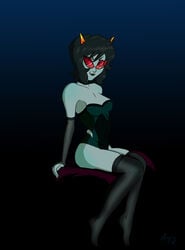 1girls 2019 black_hair breasts female_focus female_only glasses grey_skin homestuck horns lingerie looking_at_viewer ms_paint_adventures short_hair sirhallorann sitting solo terezi_pyrope troll