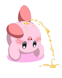 blush bodily_fluids censored digital_media_(artwork) female genital_fluids headstand hi_res ineffective_censorship jumajumi25d kirby kirby_(series) nintendo nude open_mouth peeing pussy simple_background smile solo spreading urine video_games waddling_head watersports