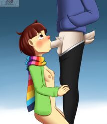 1boy 1girls anthro asriel_dreemurr blowjob blush chara fellatio female female_human filler_shmazman goat_tail human incest looking_up male male_anthro pantless scarf storyshift storyswap storyswap_chara straight undertale