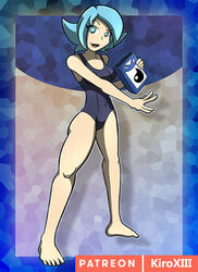 blue_eyes blue_hair book cute_fang deva_(gwain_saga) geoexe gwain_saga kiroxiii one-piece_swimsuit swimsuit watermark