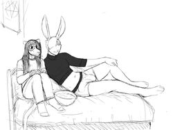 4:3 anthro bed black_and_white bulge clothed clothing didelphid duo eyewear furniture glasses hair hair_over_eye hladilnik lagomorph leporid long_hair male mammal marsupial monochrome navel on_bed one_eye_obstructed penis_outline rabbit simple_background white_background