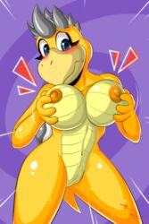 1girls 2019 4_fingers abstract_background anthro beige_scales big_breasts blue_eyes blush bodily_fluids breasts breasts_grab curvy euyoshi89 female female_only fingers grey_body grey_hair grey_scales hair hammer_bros. hi_res holding_breast looking_down mario_(series) motion_lines nintendo nipples nude orange_nipples presenting presenting_breasts purple_background pussy scales scalie shell simple_background solo spiky_hair spiral_background standing sweat unknown_character white_body white_scales yellow_body yellow_scales