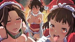 1boy 3girls alternate_costume blush breasts brown_eyes brown_hair christmas cow_girl double_bun dress elbow_gloves eyebrows_visible_through_hair fireplace fur-trimmed_dress fur_trim gloves hair_ornament hat jintsuu_(kantai_collection) kantai_collection large_breasts licking long_hair looking_at_viewer moroheiya_(user_harz4842) multiple_girls naka_(kantai_collection) nipples open_mouth red_dress santa_costume santa_dress santa_hat sendai_(kantai_collection) short_hair smile