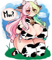 1girls big_breasts blush breasts busty cleavage cow_horns cow_print cowbell elf english_text female female_only huge_breasts jojoniumart kneeling large_breasts long_hair looking_at_viewer mochi_(jojoniumart) mooing nipple_bulge red_eyes shortstack simple_background solo stockings text thick_thighs thighhighs thighs two_tone_hair