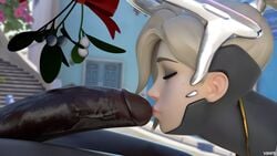 1boy 1girls 3d blender dark-skinned_male dark_skin erection fellatio female huge_cock interracial male mercy mistl mistletoe mistletoe_above_penis oral overwatch penis penis_kiss straight vekkte