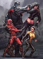 2boys 2girls 3_on_1 aleskyarte angel_dust_(x-men) ass ass_cleavage brianna_hildebrand butt_crack colossus dangling_legs deadpool deadpool_(film) deadpool_2 ellie_phimister fetish gina_carano head_grab held_up marvel metal_skin negasonic_teenage_warhead piotr_rasputin punishment punishment_spanking restrained spank_marks spanking struggling superhero superheroine wade_wilson x-men