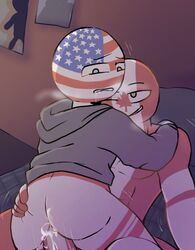 anal anal_sex ass_grab bald bed bedroom blue_iris canada_(countryhumans) countryhumans crying cum cum_in_ass cum_inside drool drooling fishy_sun gay grey_hoodie grey_pillow incest indoors male male_only naked nude pillow poster riding tear tears thick_ass united_states_of_america_(countryhumans) white_skin yaoi yellow_iris